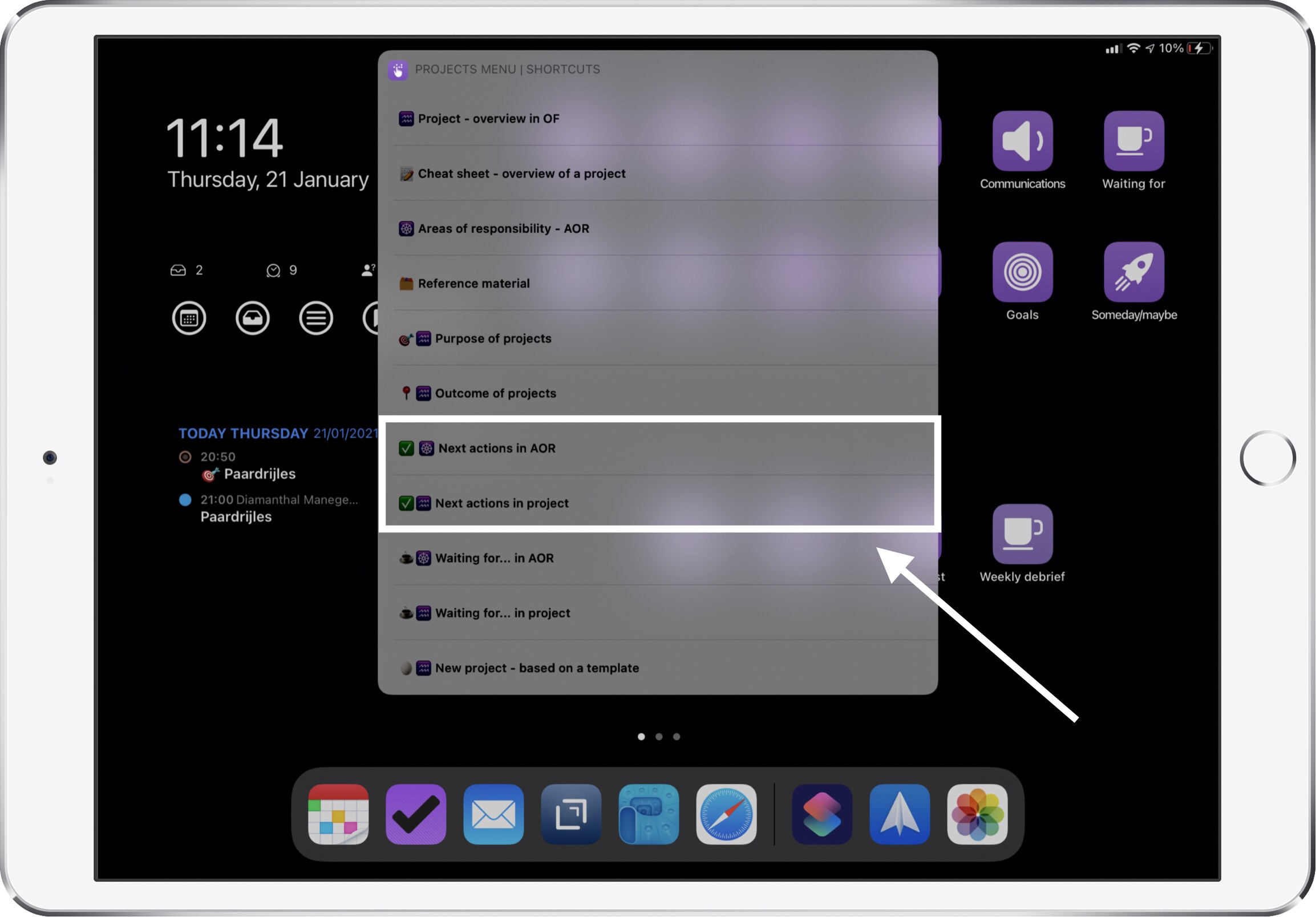 iPad menu - next actions