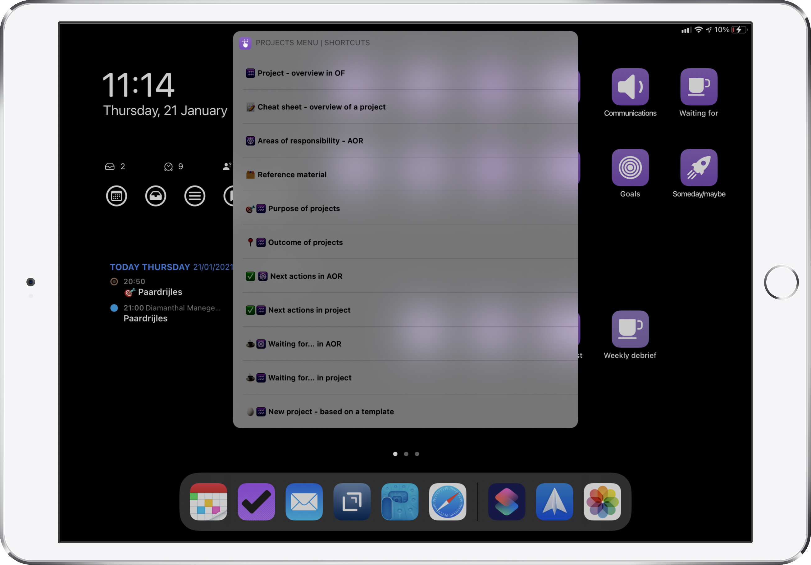 iPad GTD menu Projects